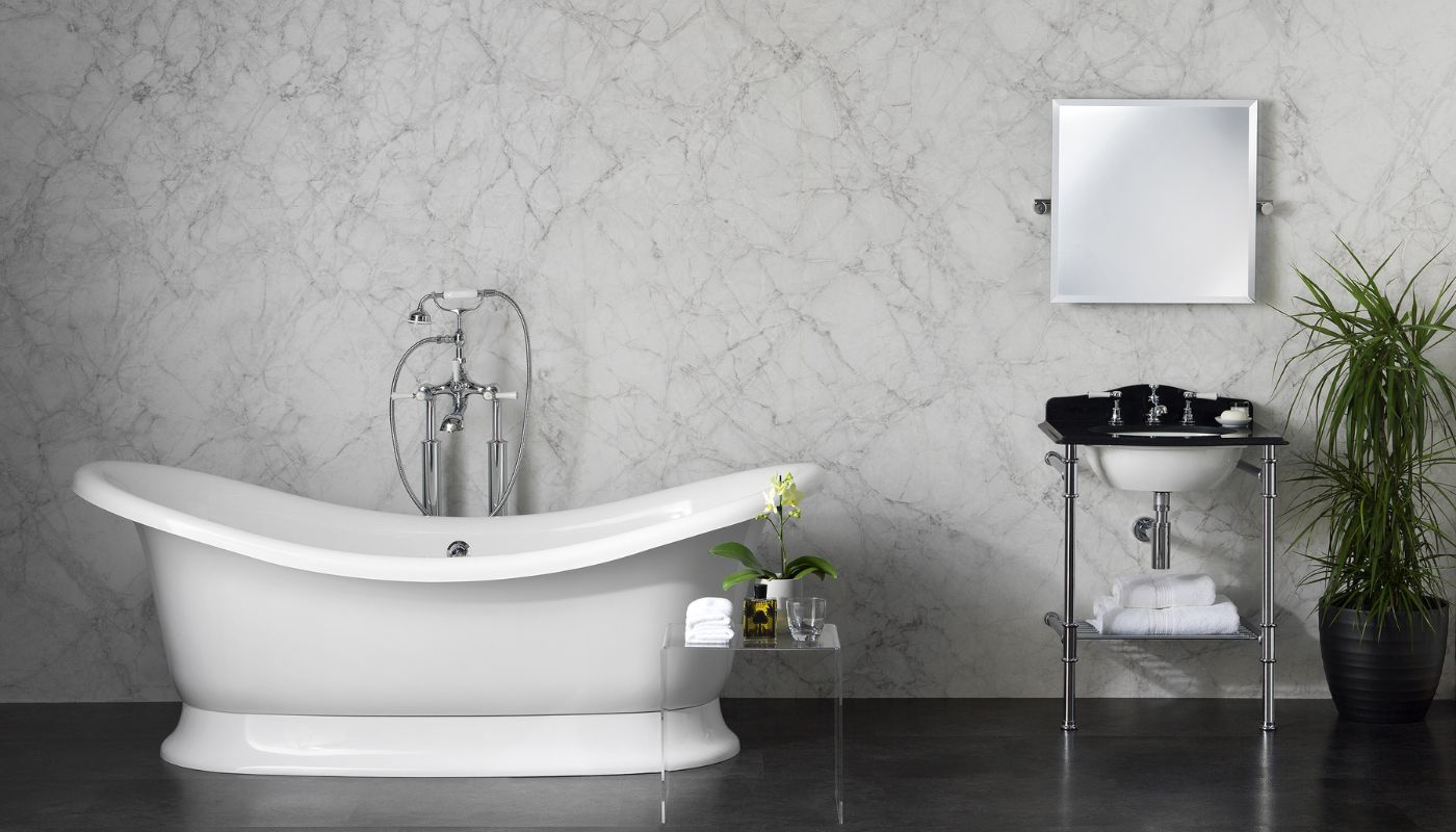 A modern bathroom product supply which includes baths, washstand, basin, and mirror.