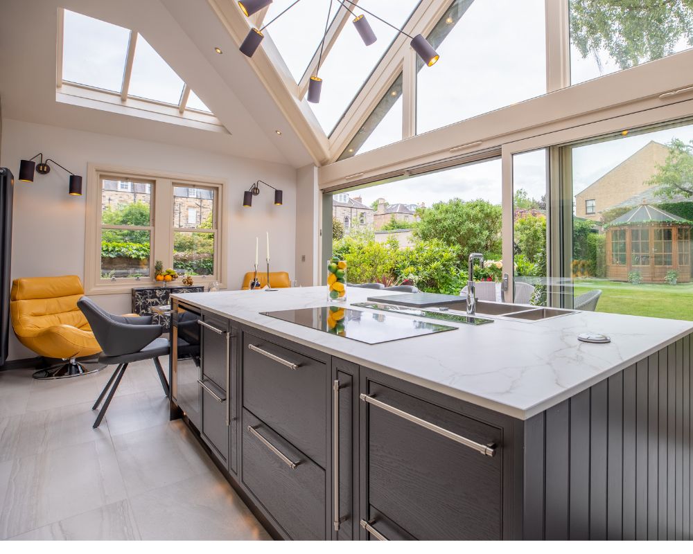 kitchen and sitting area in a full home renovation.